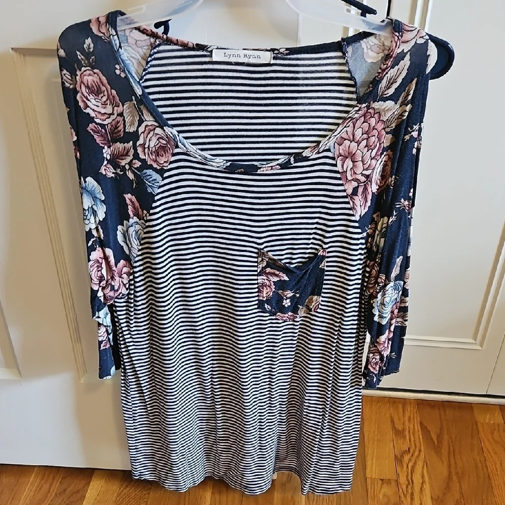 Women's Striped and Floral Top - Blue and Pink - Picture 1 of 5